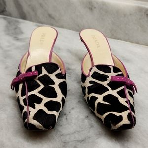 Prada Vintage RARE Cow Print Pony Hair Kitten Heeled Mules